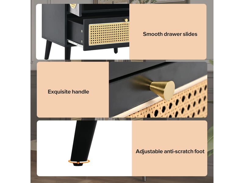  Buffet haut 60x40x110,5 cm avec portes cannage rotin, 2 portes, 1 tiroir et étagères, meuble rangement noir en panneau de particules  - Conforama D