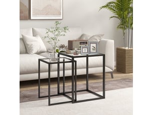Set de 2 tables d’appoint 42x42x51 cm et 33x33x45,5 cm empilables modernes verre trempé et métal noir