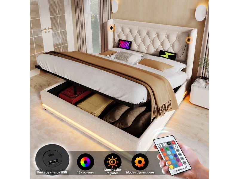  Lit coffre 140x200 beige, ouverture hydraulique, coton rembourré, led 3 côtés, usb-c  - Conforama D