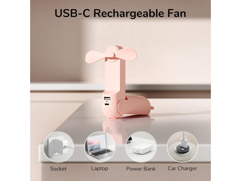  Mini ventilateur portatif avec batterie externe, fonction lampe de poche-rose  - Conforama C