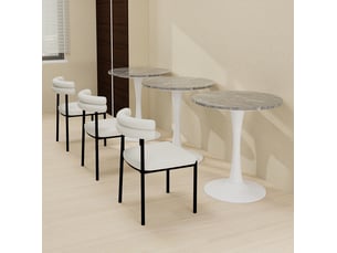 Table à manger ronde 4 places en marbre artificiel blanc et gris, style design mid-century