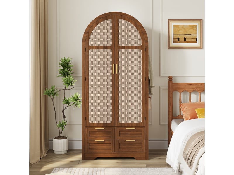  Armoire penderie moderne avec portes incurvées et vaste rangement, armoire de chambre avec tringle et tiroirs, design luxueux pour chambre et entrée Seren Glow - Conforama B