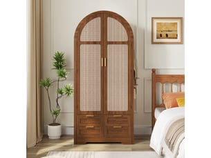 Armoire penderie moderne avec portes incurvées et vaste rangement, armoire de chambre avec tringle et tiroirs, design luxueux pour chambre et entrée