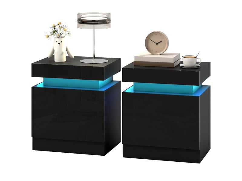  Ensemble de 2 tables de chevet led avec 16 couleurs et 4 modes d'éclairage, 2 tiroirs, en bois, 45 x 35 x 52 cm, noir  - Conforama B
