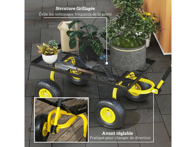  Chariot de transport jardin 94 x 48.5 x 100 cm roues tout terrain charge max 150 kg industriel épuré en acier jaune 21_0007113  - Conforama E