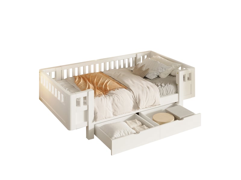 Lit enfant 90 x 200 cm, lit plateforme en bois massif blanc avec haut garde-corps, 2 grands tiroirs, design scandinave, gain de place - Conforama A