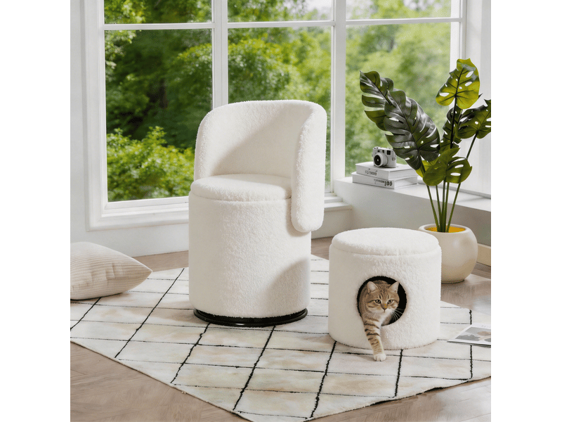  Chaise pivotante d'appoint blanche en teddy, 360° et rangement intégré, style moderne pour intérieur  - Conforama B