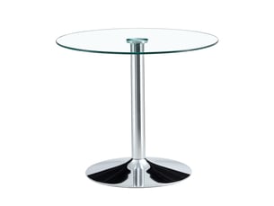 Table de salle à manger ronde en verre avec piètement métallique argenté pour cuisine, diamètre 85 cm, hauteur 76 cm
