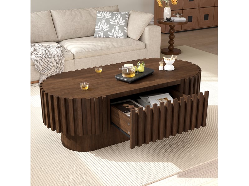  Table basse ovale 100x50 cm – noyer – tiroir intégré et décor à lamelles pour salon moderne rustique  - Conforama B