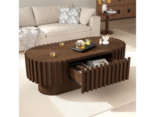 Table basse ovale 100x50 cm – noyer – tiroir intégré et décor à lamelles pour salon moderne rustique