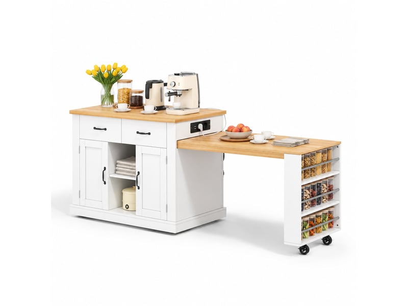  Îlot de cuisine mobile, table coulissante et prises - lpospi - 7 roulettes, rangement, mdf blanc chêne 132 × 60 × 93 cm  - Conforama A