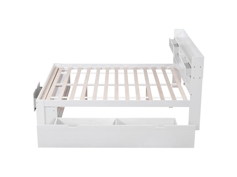  Lit double, 140 x 190 cm, avec port usb, tiroirs et armoire de rangement, lit enfant, lit ado, lit multifonctionnel, grand espace de rangement, sans matelas, blanc  - Conforama D