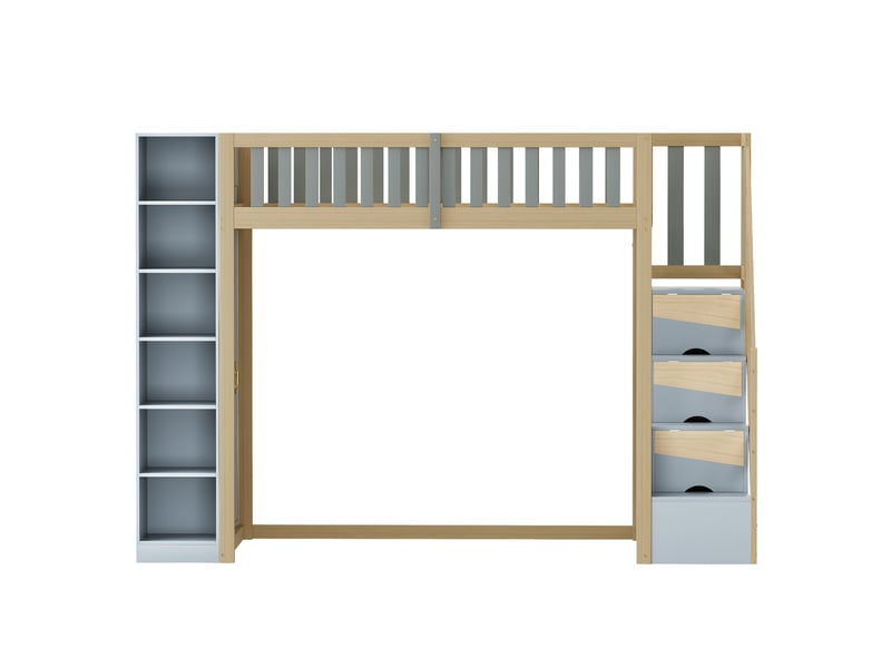  Lit mezzanine multifonctionnel 90x200cm avec étagères, armoire de rangement et grande penderie, échelle de sécurité avec compartiments de rangement, coloris gris et bois brut  - Conforama E