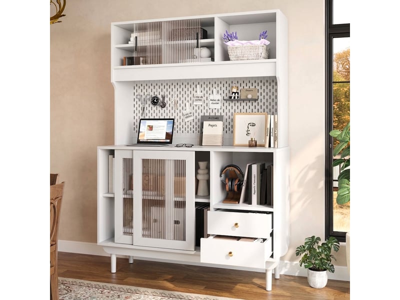 Buffet de cuisine blanc avec portes coulissantes en verre strié, panneau perforé et tiroirs, 117x30x170 cm  - Conforama D
