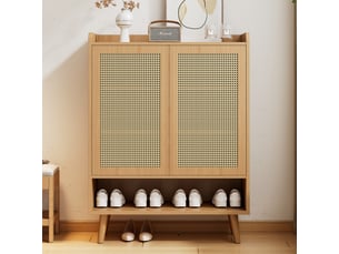 Meuble à chaussures en rotin naturel 80x35x105 cm, 2 portes, 5 étagères et pieds en bois massif