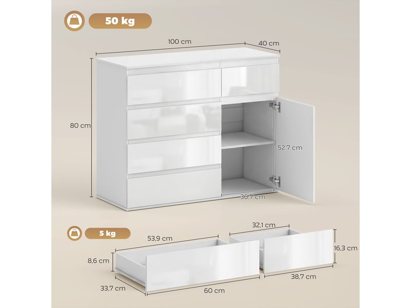  Buffet moderne, buffet de rangement avec 5 tiroirs, étagère réglable, porte à fermeture amortie, blanc laqué brillant  - Conforama E