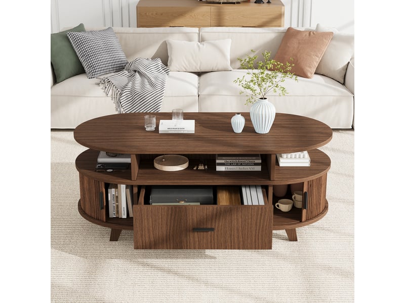 Table basse ovale avec rangement, 1 tiroir, aspect noyer, 100 x 50 x 40 cm - Conforama D