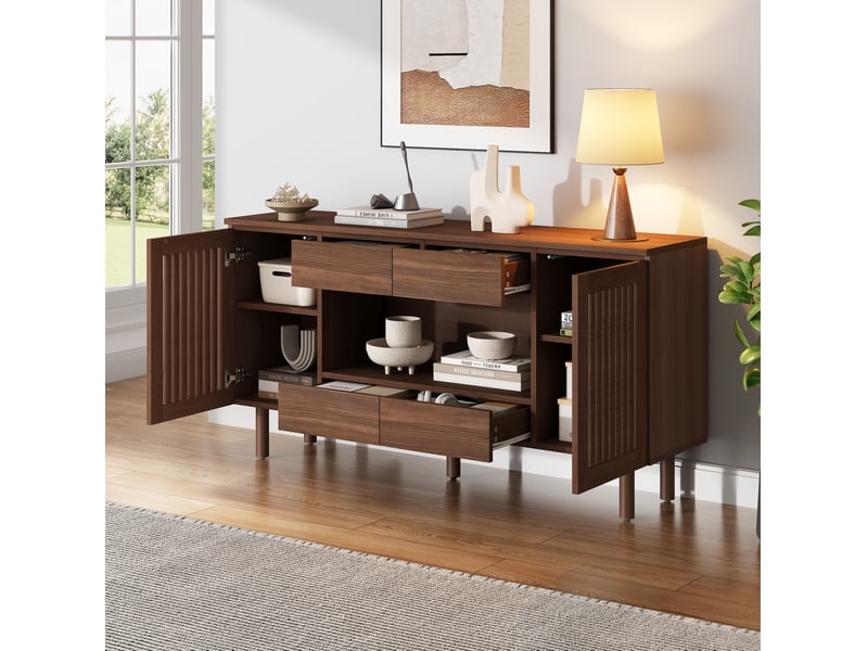  Buffet bas 4 tiroirs et 2 portes persiennes 140x35x71 cm mdf noyer  - Conforama B