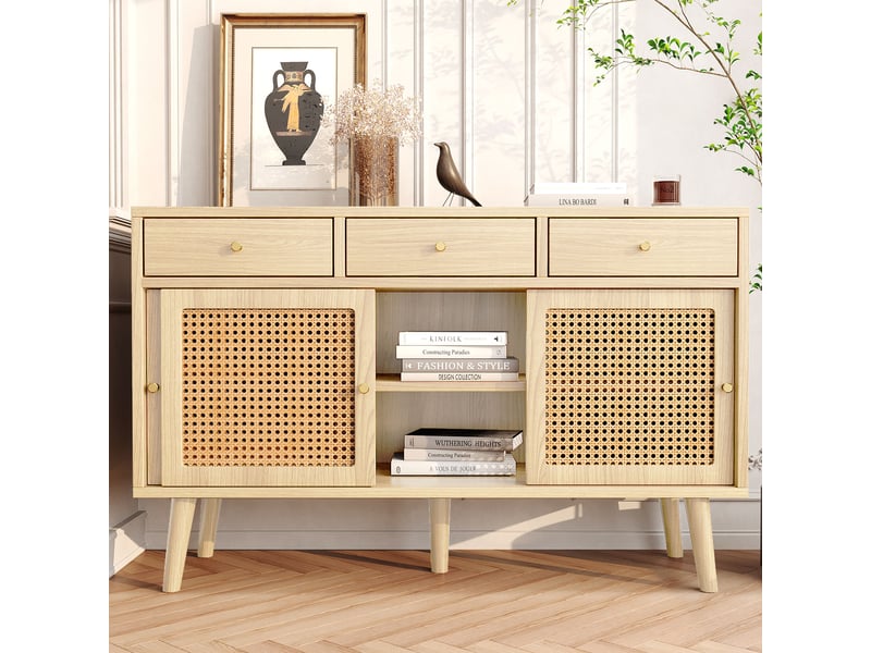  Buffet chêne massif 120x40x78 cm - 3 tiroirs, 3 portes coulissantes, rotin, piètement massif  - Conforama B