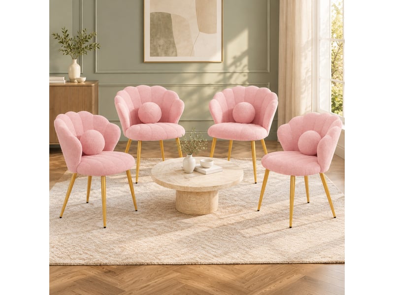 Lot de 4 chaises de salle à manger dossier coquillage en tissu teddy rose, pieds dorés - Conforama D