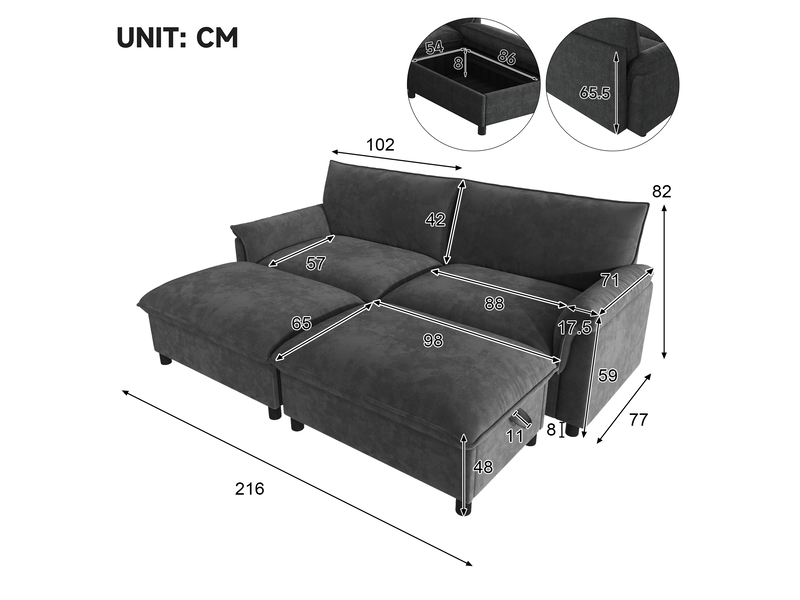  Canapé modulable gris 4 places avec 2 poufs de rangement - tissu chenille  - Conforama D
