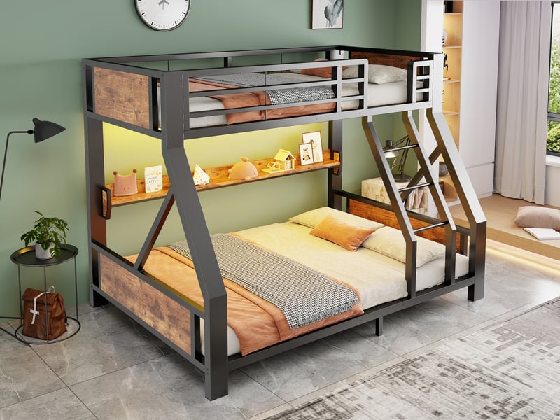 Lit superposé en métal 90x200 et 140x200 cm, avec étagère de rangement, éclairage led, noir - Conforama B