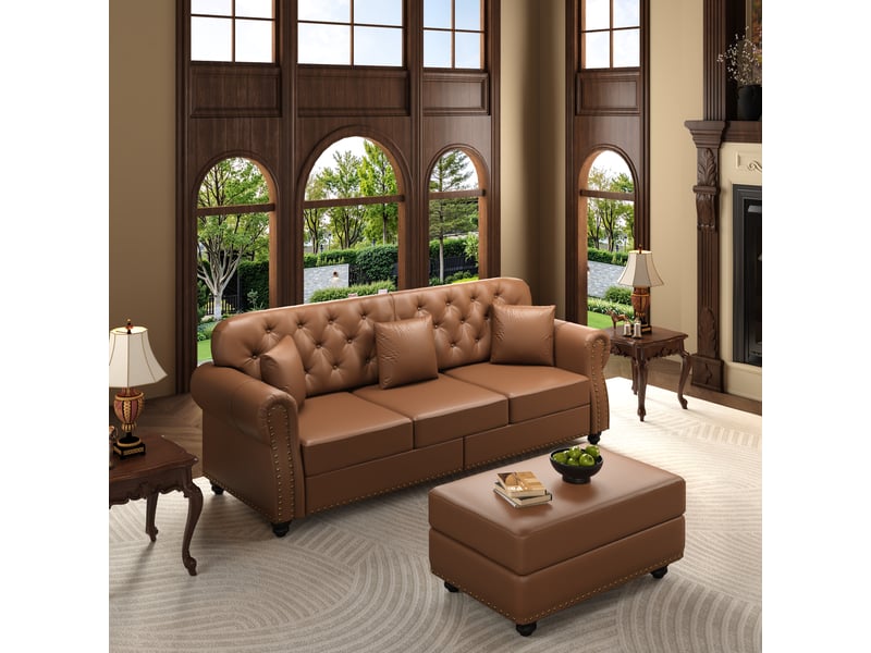  Canapé chesterfield 3 places 210x76x86 cm, canapé de salon, pouf inclus, mousse et ressorts ensachés, dossier capitonné, pu - marron CozyNest - Conforama B