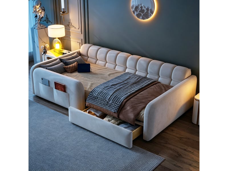  Lit enfant rembourré 90x200 cm avec tiroir et veilleuse, lit plateforme avec port de charge, garde-corps hauts et tête de lit canapé, velours, beige OPULERANE TRADING LTD - Conforama B