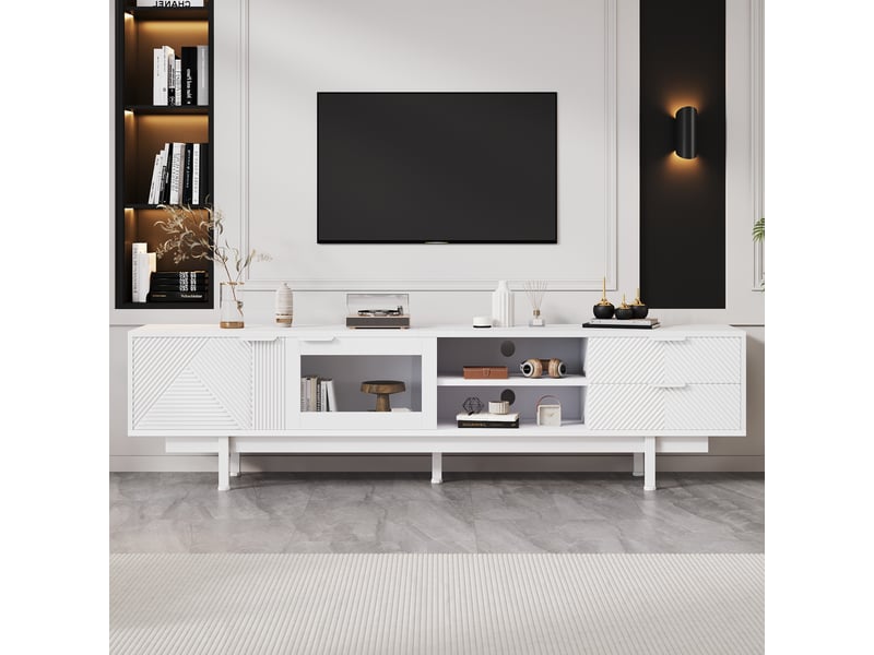  Meuble tv 200 cm blanc moderne pour 80 pouces avec 2 portes et 2 tiroirs  - Conforama E
