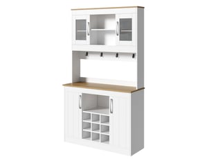 Buffet de cuisine avec vitrine 175 cm, vaisselier blanc et bois avec porte-bouteilles et crochets