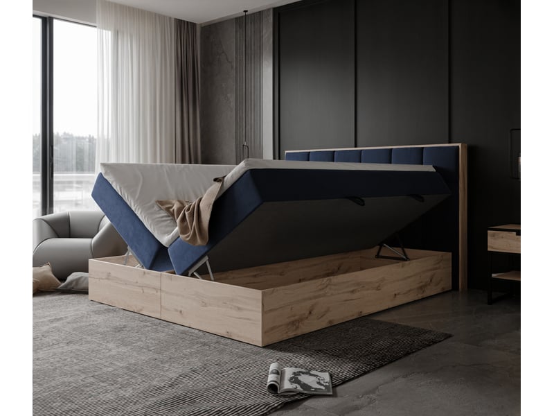 Lit adulte lavio ii - 140x200 cm - matelas ressorts + surmatelas - coffre de rangement - velours dense hydrofuge bleu marine LAVIO II - Conforama C