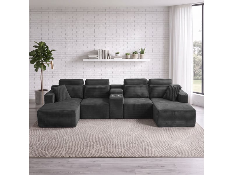  Canapé modulable en u 372 cm, canapé panoramique en velours côtelé, assise profonde, 2 porte-gobelets intégrés  - Conforama B