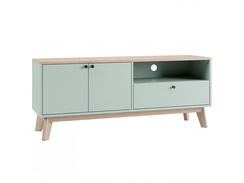  Meuble tv 120 cm, meuble télé pour téléviseur jusqu'à 36 pouces avec 2 portes, tiroir, vert clair, compartiment ouvert  - Conforama B