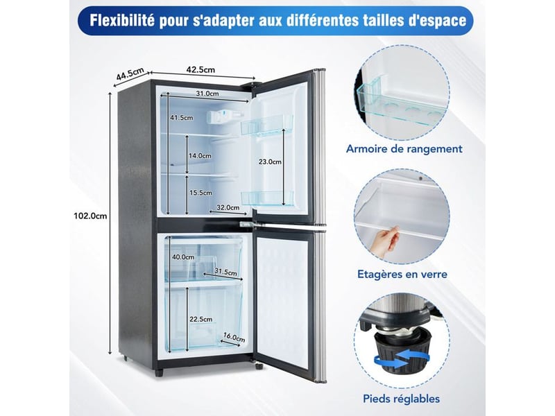  Réfrigérateur compact 106l (60l+46l) - 45db silencieux - éclairage led - r600a écologique - design argentnoir moderne 102x42.5x44.5cm - Conforama C
