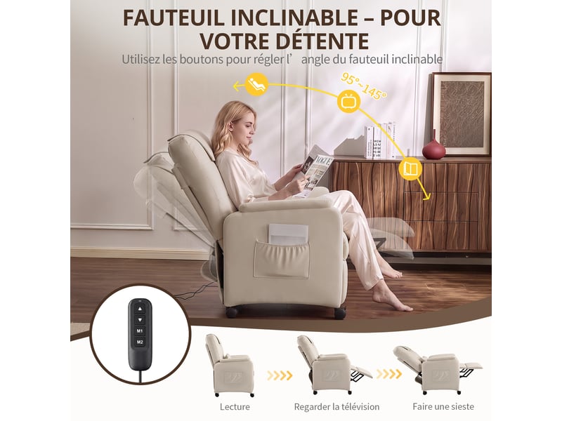 Fauteuil de massage électrique, fauteuil détente pour télévision avec fonction massage et chaleur, 4 roues, blanc crème - Conforama B