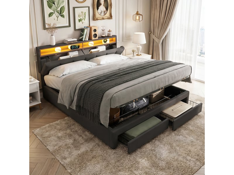 Lit rembourré 180x200 cm avec coffre de rangement hydraulique, tiroirs et compartiments de rangement, revêtement en lin gris, sans matelas - Conforama B