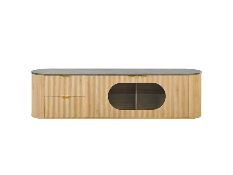 Meuble tv moderne minimaliste avec rangements et vitrine ovale, 172x38x45,5 cm, mdf, aspect bois naturel. - Conforama A