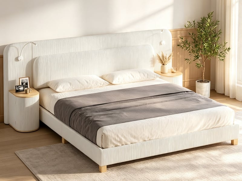  Lit rembourré 180 × 200 cm, avec lampes de chevet et deux tables de chevet, grand tête de lit, tissu velours côtelé, couleur beige  - Conforama B