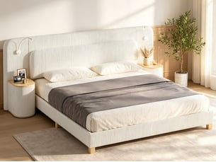 Lit rembourré 180 × 200 cm, avec lampes de chevet et deux tables de chevet, grand tête de lit, tissu velours côtelé, couleur beige