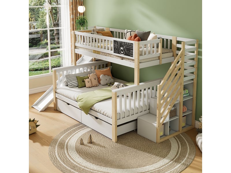  Lit cabane, lit enfant, lit superposé, lit enfant multifonctionnel avec escalier et rangements, toboggan et petit tableau noir, 140 x 200 cm et 90 x 200 cm, blanc  - Conforama B