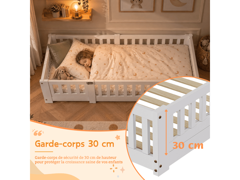 Lit montessori au sol en pin massif pour enfant, lit enfant 120x200 cm avec 30cm garde-corps de sécurité - peinture à base d’eau écologique - sommier à lattes inclus - style scandinave, lit bas pour chambre d’enfant - Conforama D