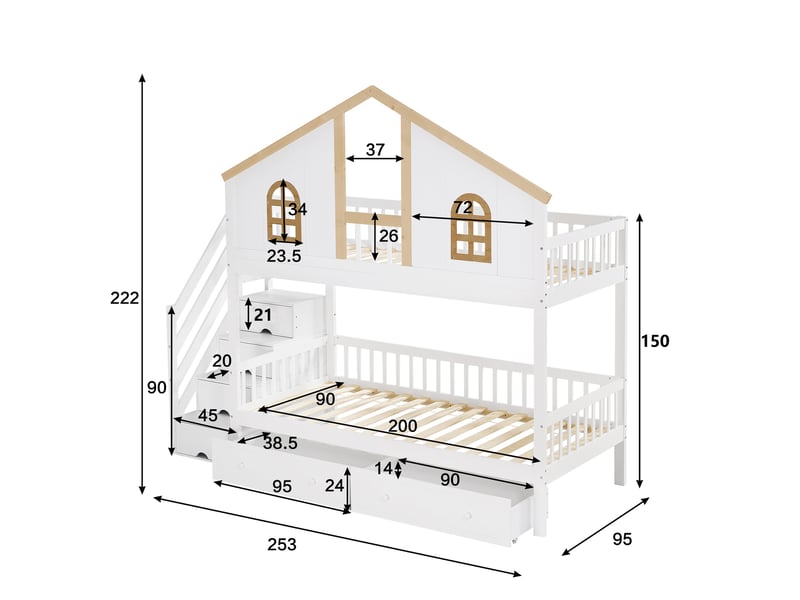 Lit superposé enfant 90x200 cm, lit cabane avec escalier de rangement, 2 tiroirs, fenêtre et barrière de sécurité, en bois de pin et mdf, blanc - Conforama E