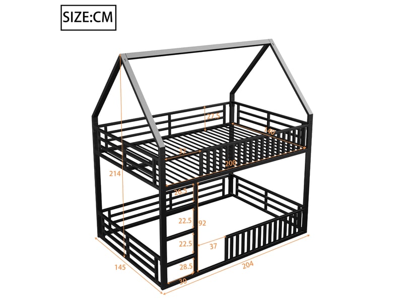 Lit superposé maison 140x200 cm noir, avec garde-corps, led 7 couleurs, structure métal, sommier inclus, sans matelas - Conforama C
