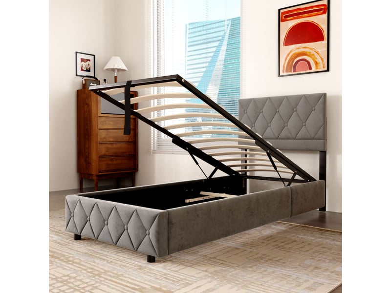  Lit rembourré 90x200 cm avec sommier à lattes gris evryae  - Conforama E