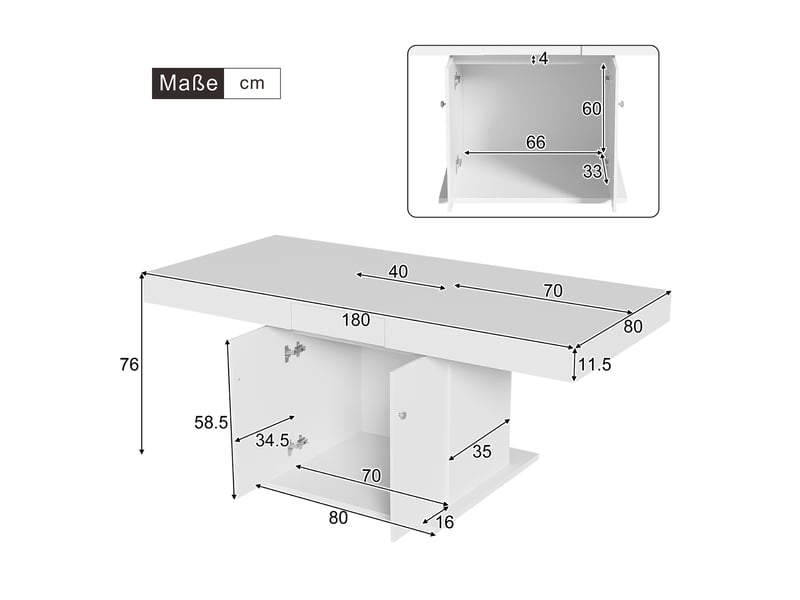  Table extensible, 140-180x80x76 cm, rallonge, design moderne, pratique, panneaux de particules et métal, coloris blanc  - Conforama C