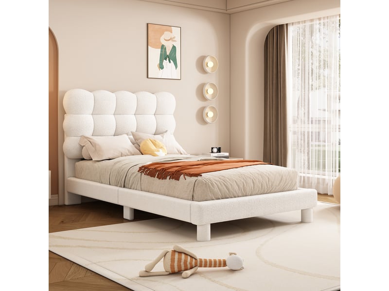 Lit plat 90 x 200 cm, matelassé, tête de lit rembourrée confortable, tête de lit réglable en trois points, style moderne et épuré, blanc  - Conforama B