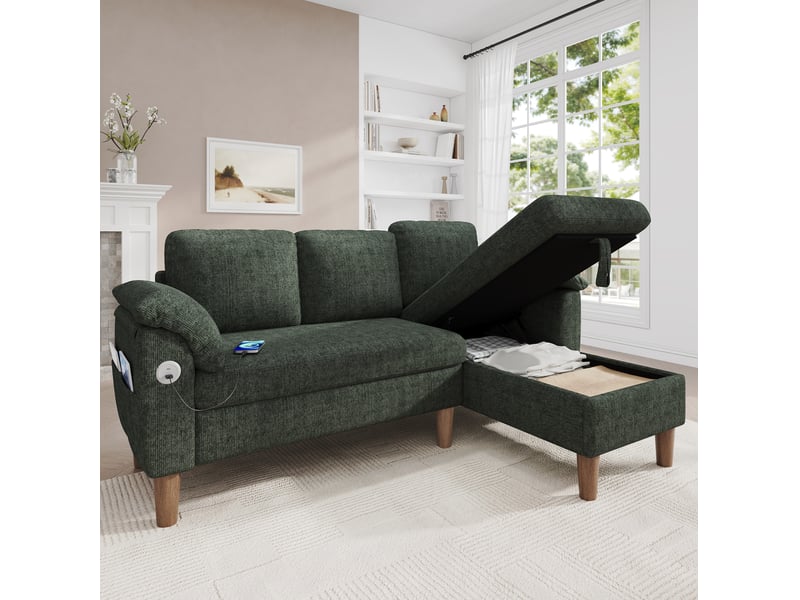  Canapé d'angle tcqpz 3 places 181 x 125 x 88 cm méridienne réversible rangement usb type-c chenille vert  - Conforama B
