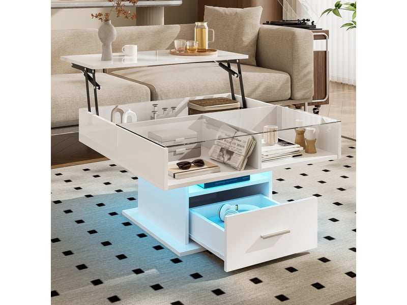 Table basse relevable led 100x50x40 cm – haute brillance, hauteur ajustable et rangements modulables - Conforama D