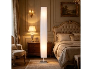 Lampadaire colonne 14x14x120 cm blanc, acier inoxydable, polyester et métal, avec interrupteur au pied