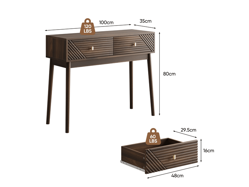  Table console avec 2 tiroirs et dispositif anti-basculement, coloris noyer, 100x35x80 cm W3180P534792 - Conforama C